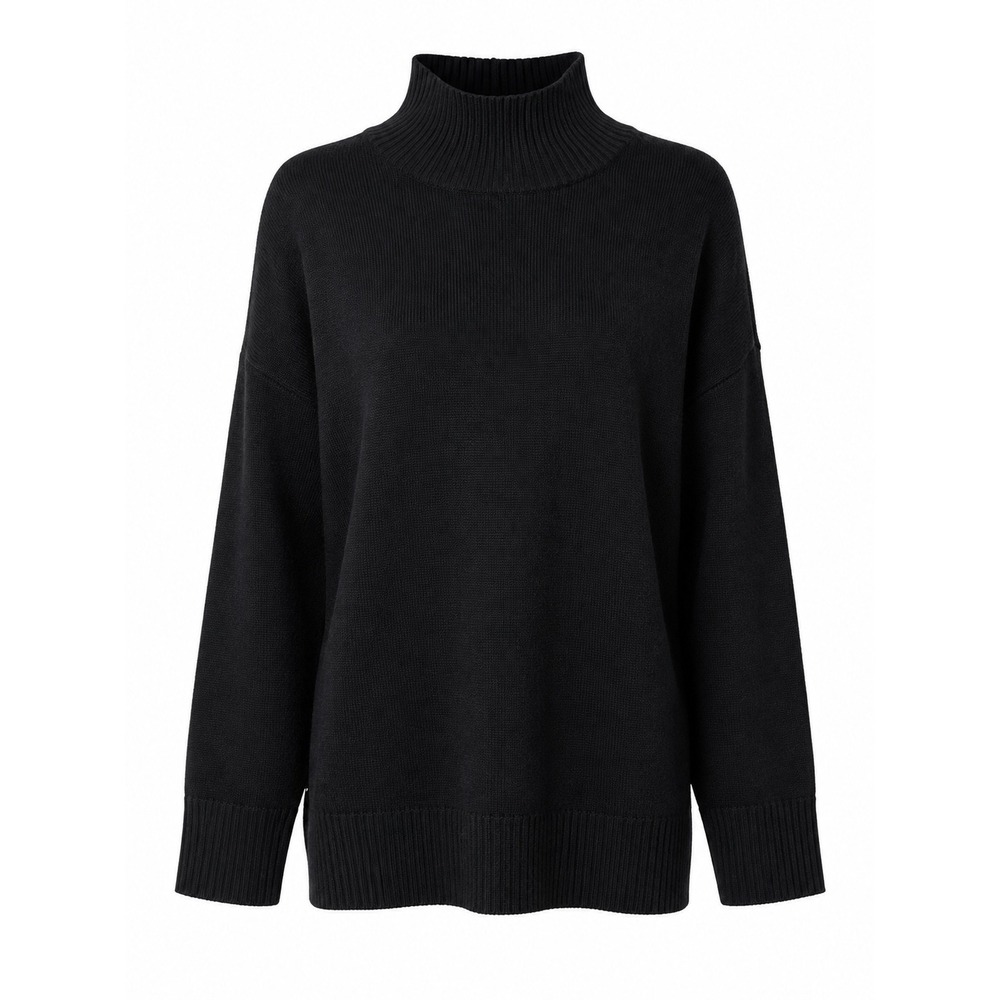 Eileen Fisher Petite Large Black Merino Wool Mock Neck Oversized Sweater